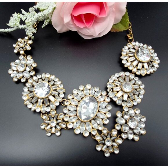 J.Crew Asymmetrical Clear Crystal Statement Necklace Bib Collar Style 22" - Picture 1 of 8